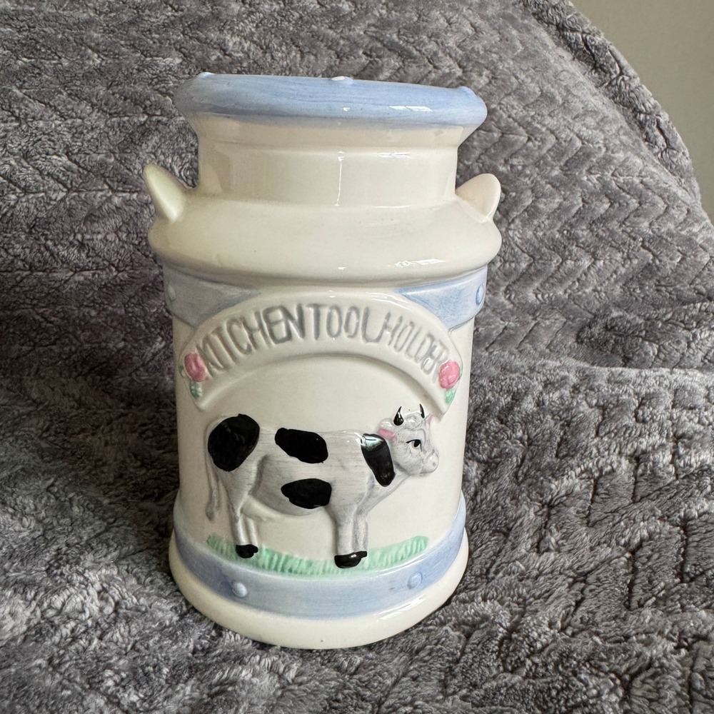 Vintage 1994 PII Ceramic Cow Kitchen Tool Holder Milk Can Utensil Crock Blue